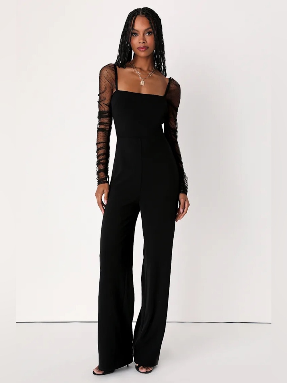 Lulus Made to Amaze Black Dotted Mesh Long Sleeve Jumpsuit Size M NWT